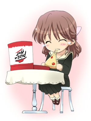 shiwo, naitou shouko, maria-sama ga miteru, pizza hut, lowres, 00s, 1girl, blush, brown hair, chair, cheese, cheese trail, chibi, closed eyes, eating, female focus, food, pizza, pizza box, pizza slice, pleated skirt, school uniform, serafuku, shoes, sitting, skirt, socks, solo, table, tablecloth