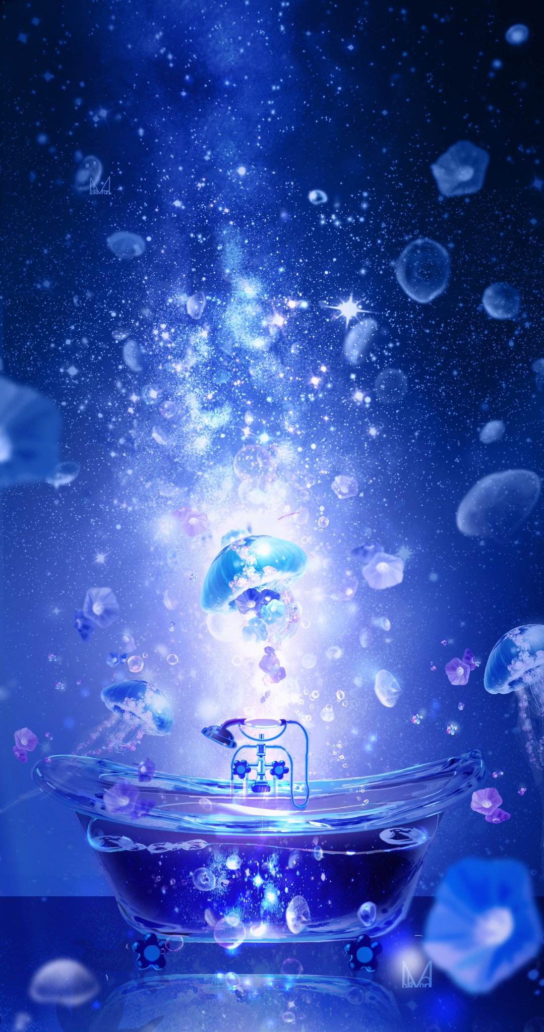 makoron117117, original, commentary request, highres, bathtub, blue theme, jellyfish, monochrome, no humans, sky, star (sky), starry sky