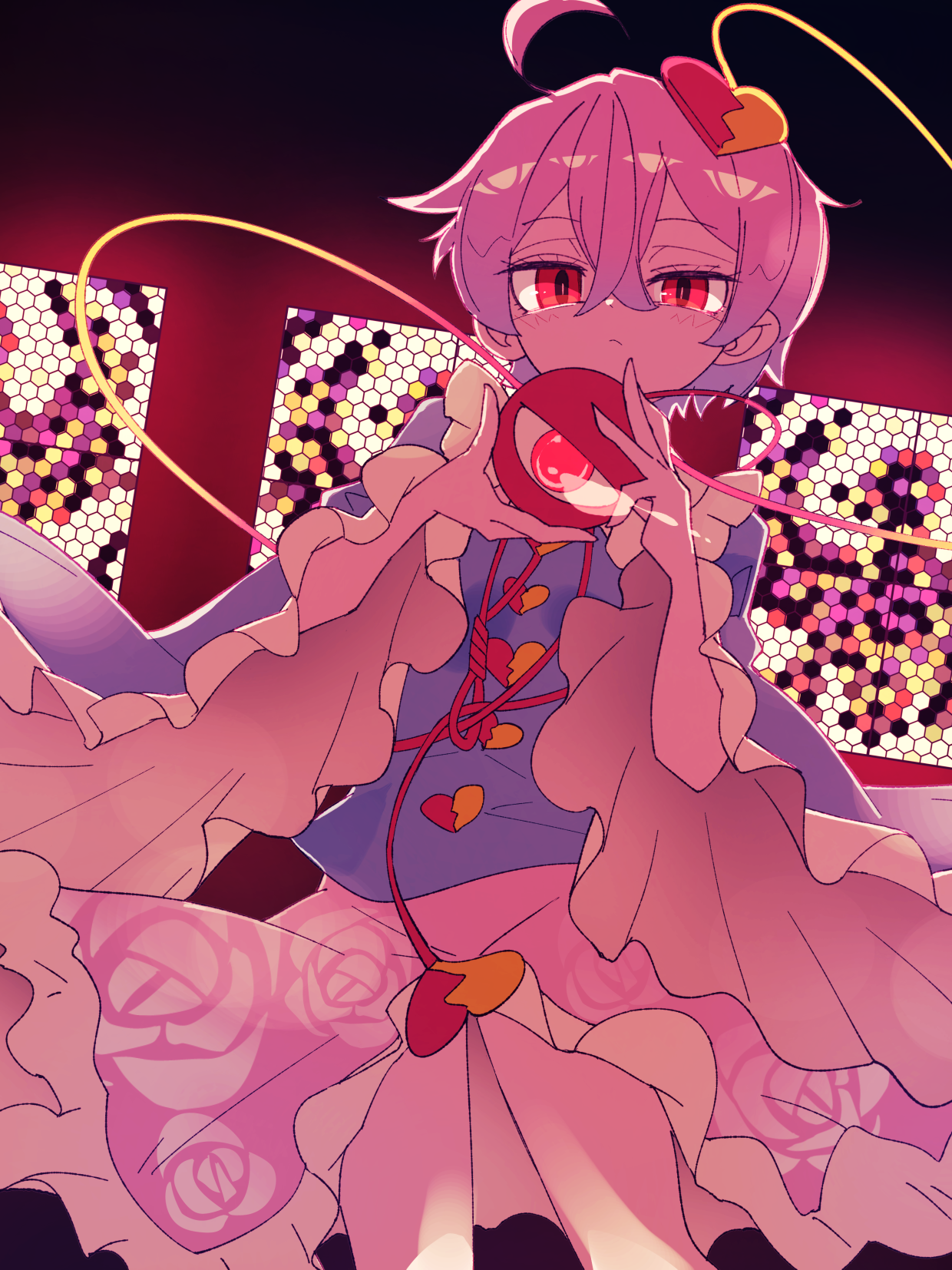 ryouryou, komeiji satori, touhou, commentary request, highres, 1girl, ahoge, blue shirt, buttons, contrapposto, crossed bangs, double-parted bangs, expressionless, eyeball, floral print, hair between eyes, hair ornament, hands up, heart, heart button, heart hair ornament, indoors, long sleeves, looking at viewer, petticoat, pink eyes, pink hair, pink skirt, shirt, short hair, skirt, solo, stained glass, stenciled rose, third eye, wide sleeves, window