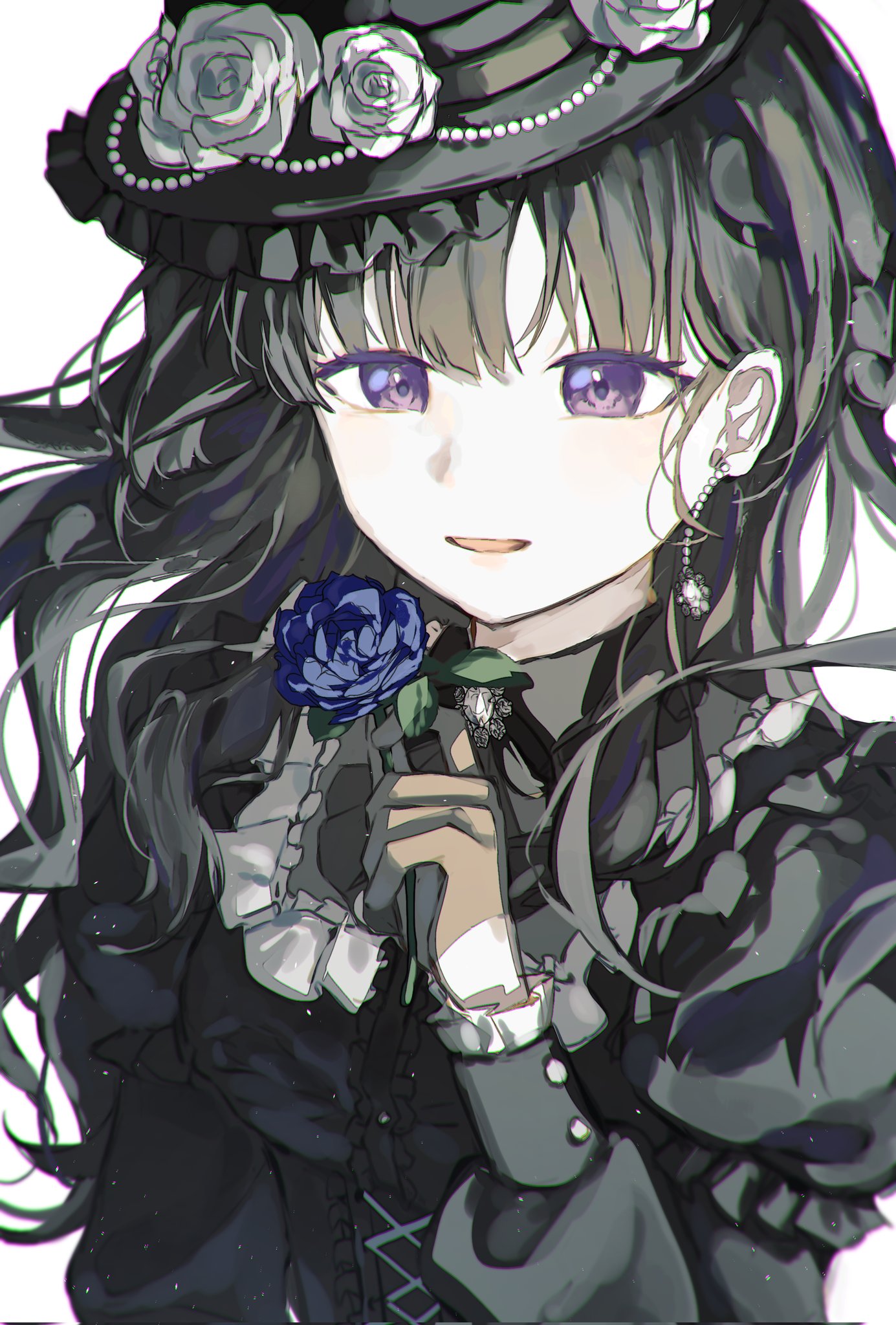 kkyu (c3215xz), shirokane rinko, bang dream!, highres, 1girl, black dress, black hair, black hat, blue flower, blue rose, dress, earrings, flower, frilled dress, frills, hat, hat flower, hat ornament, hime cut, holding, holding flower, jewelry, long hair, long sleeves, looking at viewer, official alternate costume, purple eyes, rose, simple background, solo, white background, white flower, white rose