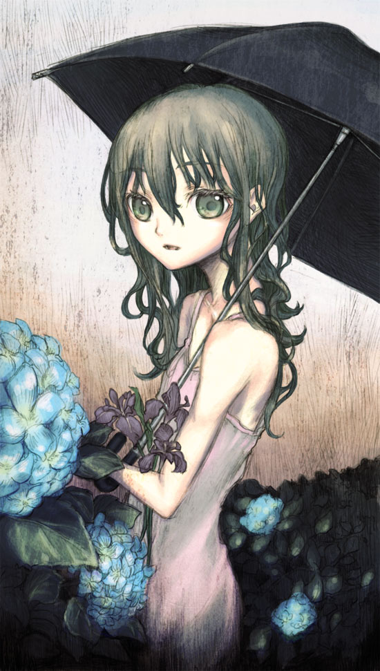 shouichi, original, bad id, bad pixiv id, black hair, dress, flower, green eyes, hydrangea, iris (flower), long hair, solo, umbrella