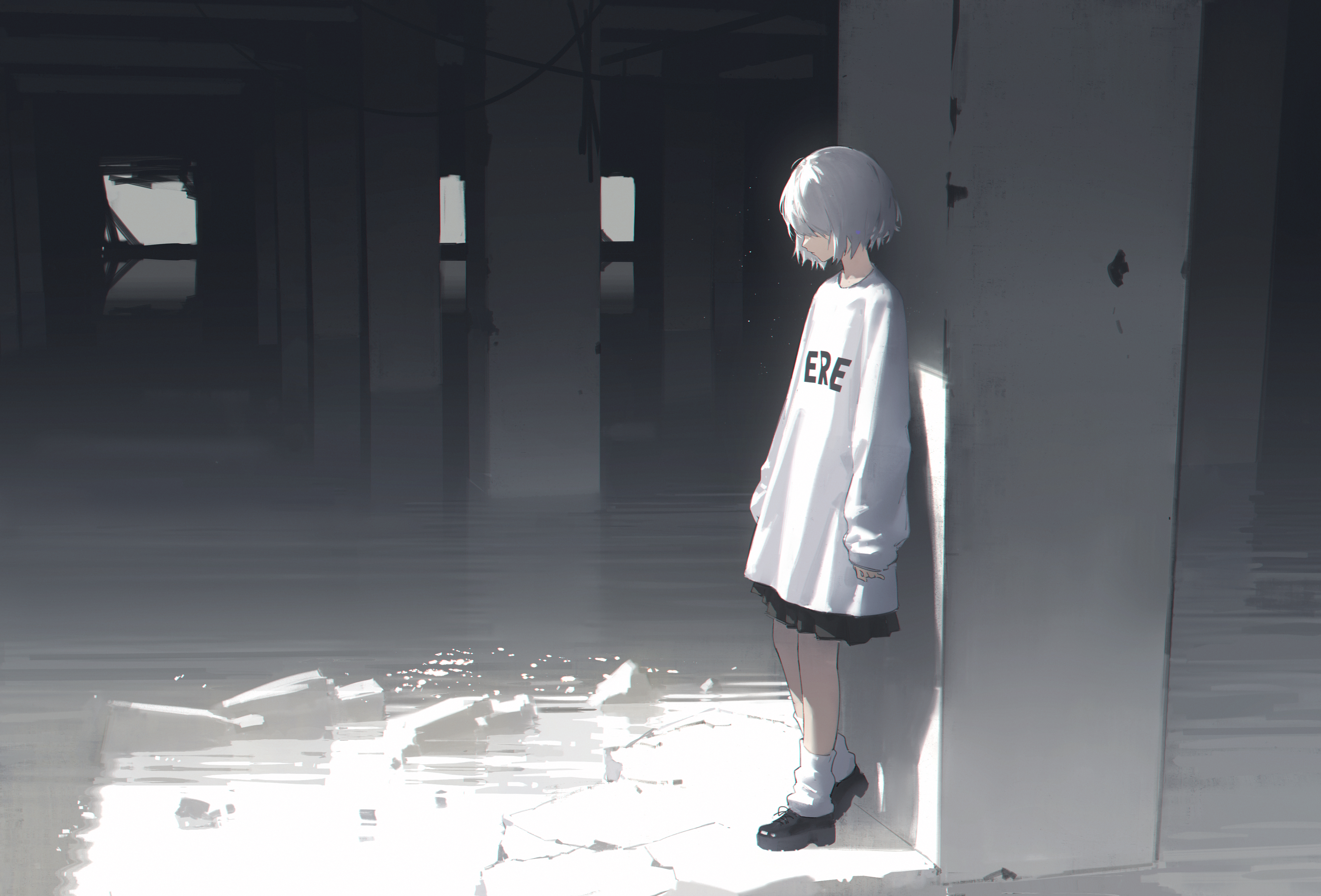 laluna, original, absurdres, commentary, highres, 1girl, abandoned, arms at sides, black shoes, black skirt, closed mouth, clothes writing, from side, full body, grey hair, indoors, long sleeves, loose socks, pillar, print sweater, scenery, shoes, short hair, skirt, sleeves past wrists, socks, solo, standing, sweater, white socks, white sweater