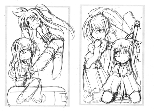 hagane soushi, fate testarossa, numbers (nanoha), signum, uno (nanoha), lyrical nanoha, mahou shoujo lyrical nanoha, mahou shoujo lyrical nanoha strikers, 00s, chibi, greyscale, hair ribbon, long hair, monochrome, ponytail, ribbon, sketch, thighhighs, twintails, very long hair