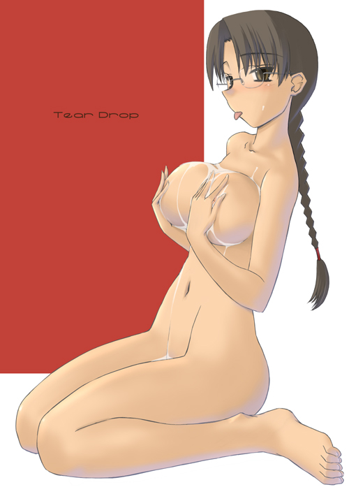 tsuina, hoshina tomoko, to heart, to heart (series), 1girl, barefoot, braid, breasts, brown eyes, brown hair, chocolate, chocolate on body, chocolate on breasts, feet, female focus, food on body, glasses, large breasts, long hair, naked chocolate, nude, solo, suggestive fluid, toes, tongue, white chocolate