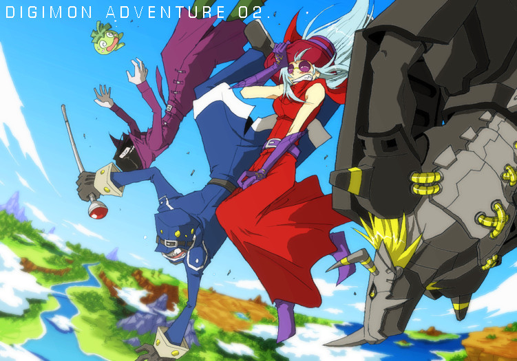 amatera, archnemon, blackwargreymon, mummymon, oikawa yukio, pipimon, digimon, digimon adventure 02, silver hair, 1girl, @ @, armor, black hair, blonde hair, cane, cloud, coat, copyright name, creature, day, digimon (creature), falling, gauntlets, gloves, hat, helmet, horns, long hair, monster, mountain, parody, short hair, sky, sunglasses, yellow eyes