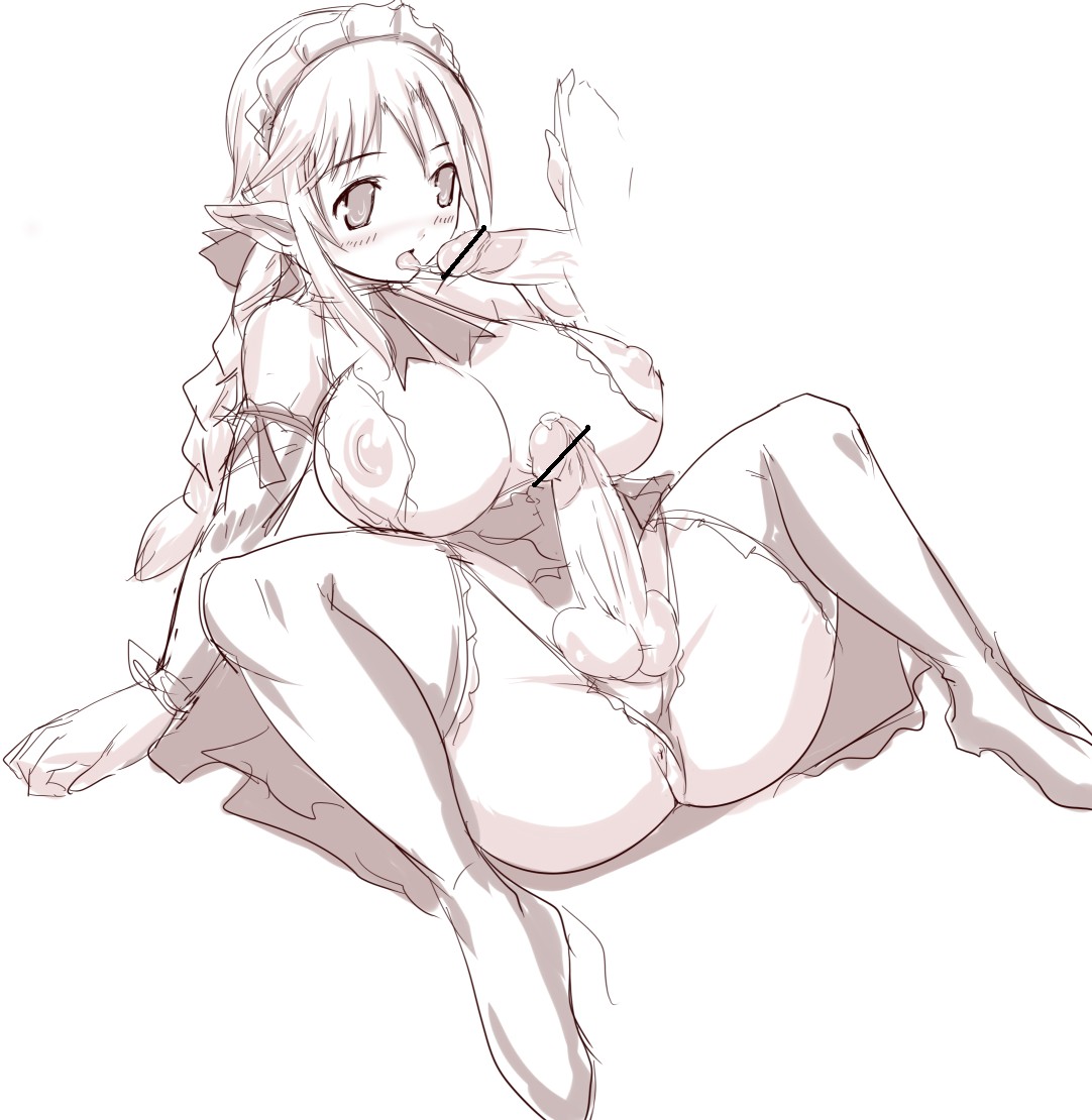 ubanis, 1futa, anus, braid, breasts, censored, elbow gloves, elf, fellatio, futa with male, futanari, gloves, huge breasts, maid, monochrome, oral, penis, pointy ears, solo focus, testicles, thighhighs
