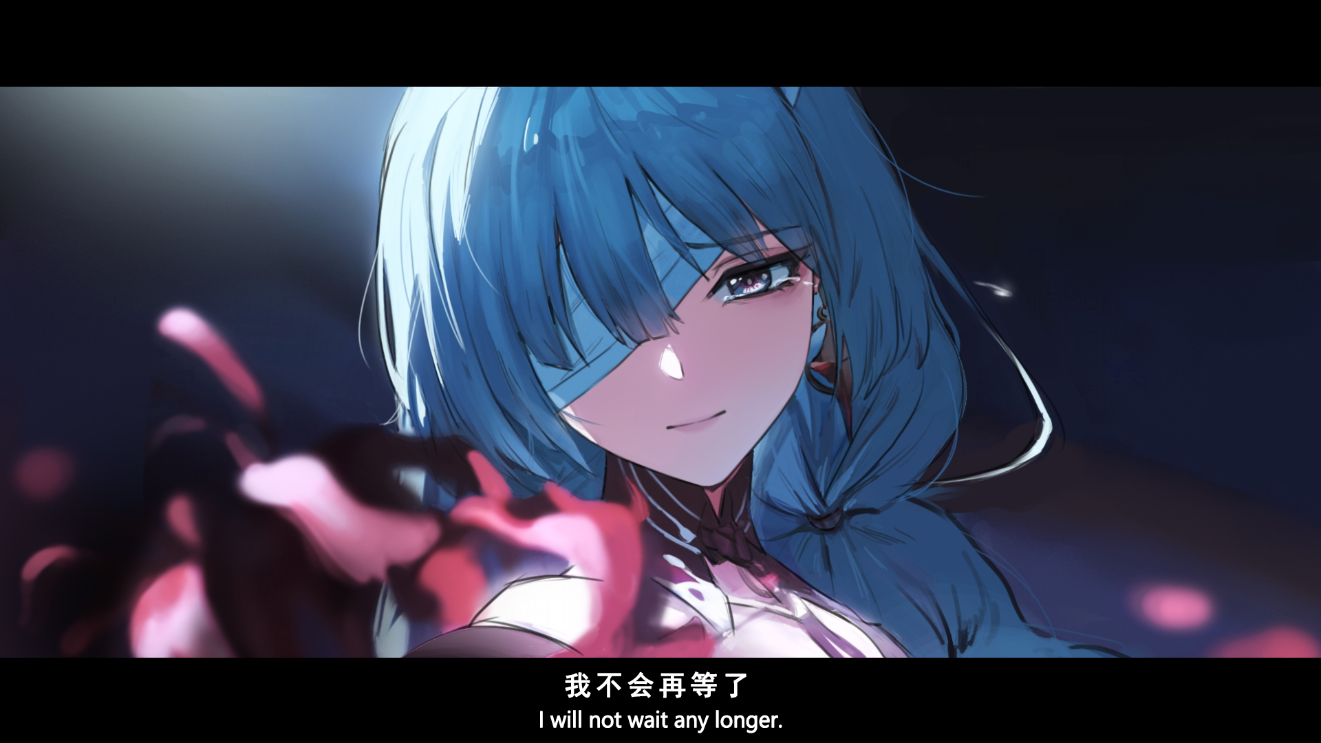 surui, phrolova (wuthering waves), wuthering waves, commentary, derivative work, highres, screenshot redraw, 1girl, bandage over one eye, blue hair, blurry, blurry background, blurry foreground, chinese text, earrings, english text, flower, gradient background, grey eyes, hair over one eye, jewelry, letterboxed, long hair, looking at viewer, one eye covered, red flower, simplified chinese text, smile, solo, spider lily, tearing up, upper body