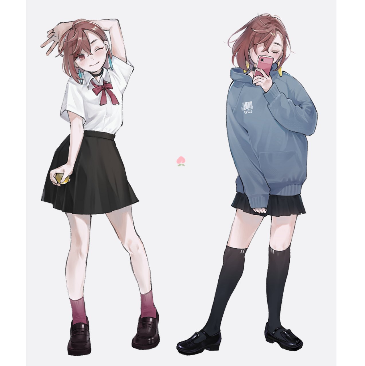comimingming, ayase momo, dandadan, highres, 1girl, arm behind head, ball, black choker, black shoes, black skirt, black socks, blue hoodie, border, bow, brown eyes, brown hair, brown socks, choker, closed eyes, collared shirt, crossed bangs, earrings, full body, grey background, hair between eyes, hair over one eye, holding, holding ball, holding phone, hood, hood down, hoodie, jewelry, kneehighs, loafers, medium hair, multiple views, one eye closed, phone, pleated skirt, red bow, shirt, shoes, short sleeves, skirt, sleeves past wrists, smile, socks, v, white border, white shirt