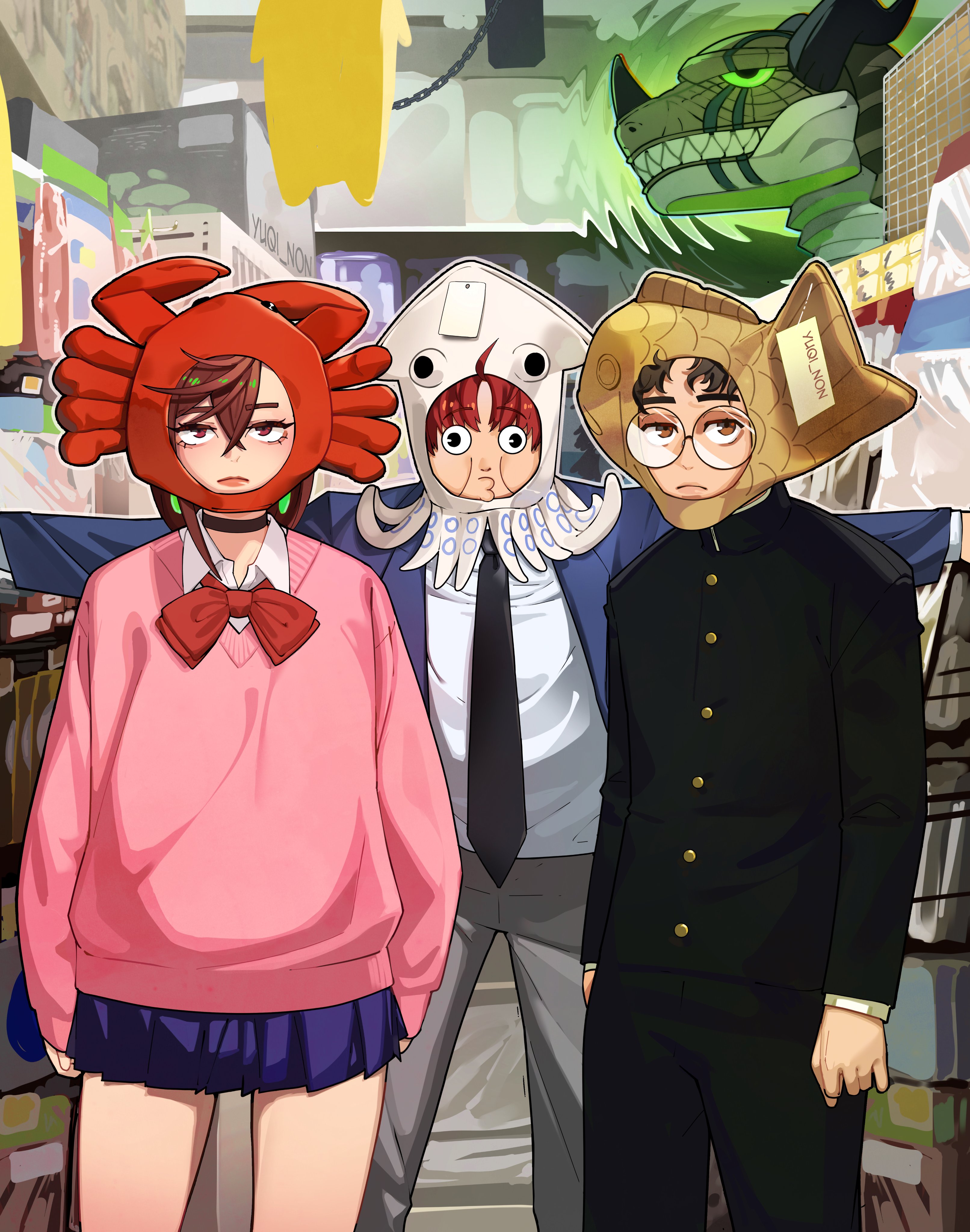 yuqi non, ayase momo, enjoji jin, takakura ken (dandadan), dandadan, absurdres, highres, 1girl, 2boys, animal hood, artist name, black choker, black hair, black jacket, black necktie, black pants, blue jacket, blue skirt, bow, bowtie, brown eyes, brown hair, choker, collared shirt, cowboy shot, crab hood, crossed bangs, food, frown, gakuran, glasses, gold buttons, grey pants, hair between eyes, hat, hood, jacket, kaiju, medium hair, multiple boys, necktie, pants, parted bangs, pink sweater, pleated skirt, puckered lips, red bow, red bowtie, red hair, round eyewear, school uniform, shirt, shirt under sweater, short hair, skirt, squid hat, sweater, taiyaki, wagashi, white shirt