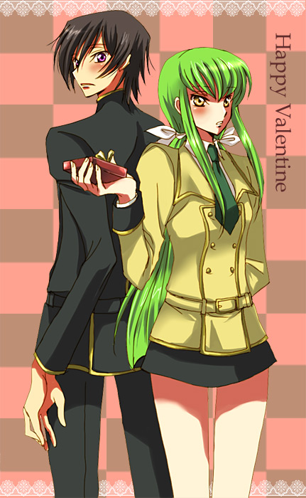 koromo (kinu), c.c., lelouch vi britannia, code geass, bad id, bad pixiv id, 00s, 1boy, 1girl, black hair, blush, chocolate, green hair, happy valentine, long hair, purple eyes, school uniform, skirt, valentine, yellow eyes