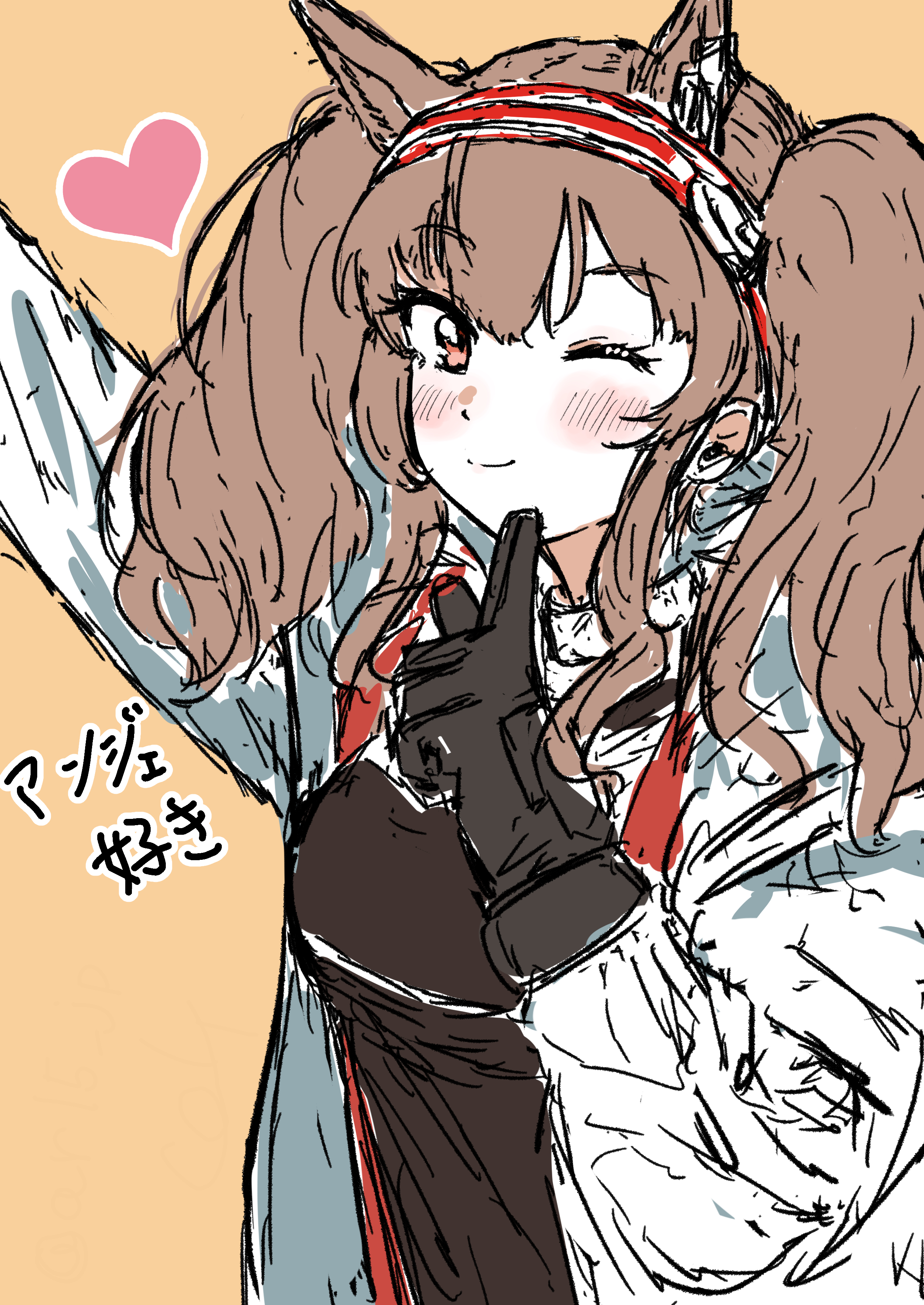 colt (allyourvase0808), angelina (arknights), infection monitor (arknights), arknights, absurdres, commentary request, highres, 1girl, animal ears, black gloves, black shirt, blush, breasts, brown hair, coat, collar, dot nose, earpiece, extra ears, fox ears, fox girl, gloves, hairband, hand up, heart, looking at viewer, medium breasts, one eye closed, open clothes, open coat, pointing, pointing at self, red hairband, shirt, simple background, sketch, smile, solo, striped clothes, striped hairband, twintails, two-tone hairband, upper body, white coat, yellow background