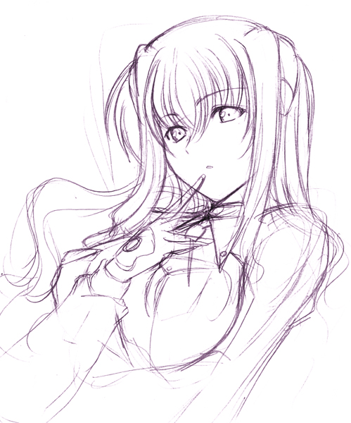 hagane soushi, numbers (nanoha), uno (nanoha), lyrical nanoha, mahou shoujo lyrical nanoha, mahou shoujo lyrical nanoha strikers, 00s, 1girl, female focus, gloves, long hair, monochrome, purple theme, sketch, solo