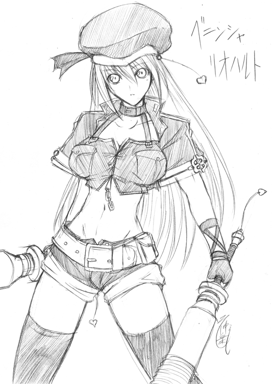 hagane soushi, gloves, greyscale, hat, long hair, midriff, monochrome, shorts, sketch, solo, thighhighs
