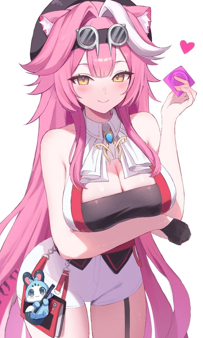 qweivi, chattino (raora panthera), raora panthera, raora panthera (1st costume), hololive, hololive english, commentary, highres, 1girl, animal ears, arm under breasts, ascot, bare shoulders, beret, black gloves, black hat, blue gemstone, blush, breasts, cleavage, closed mouth, collared shirt, condom, condom wrapper, eyeshadow, gem, gloves, goggles, goggles on head, hair intakes, hat, high-waist shorts, holding, holding condom, jewelry, large breasts, long hair, looking at viewer, makeup, multicolored hair, panther ears, panther girl, panther tail, pink eyeshadow, pink hair, pink tail, shirt, shorts, simple background, sleeveless, sleeveless shirt, smile, streaked hair, tail, thighs, two-tone hair, virtual youtuber, white ascot, white background, white shirt, white shorts, yellow eyes