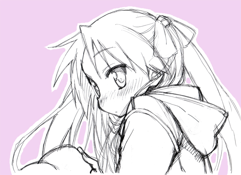 mikami komata, mikami konu, hiiragi kagami, izumi konata, lucky star, 00s, 1girl, blush, female focus, monochrome, pink background, school uniform, serafuku, sketch, solo, twintails