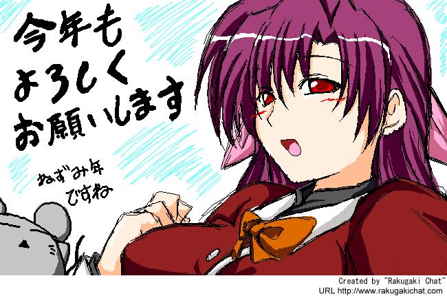 hagane soushi, translated, hair ribbon, kotoyoro, new year, oekaki, purple hair, red eyes, ribbon, sketch, solo, watermark