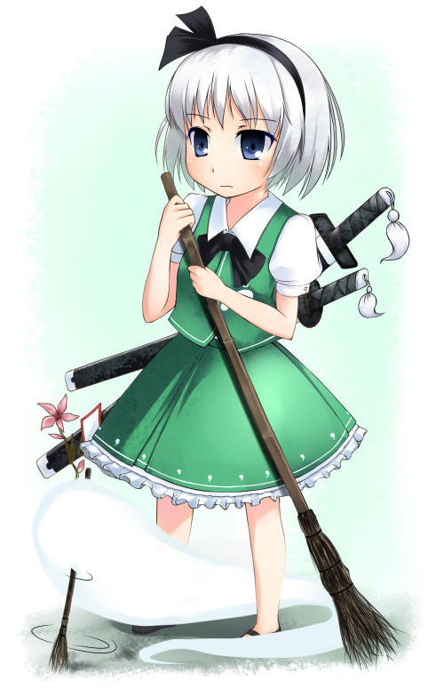 hubrael, konpaku youmu, konpaku youmu (ghost), touhou, 1girl, broom, female focus, hitodama, solo