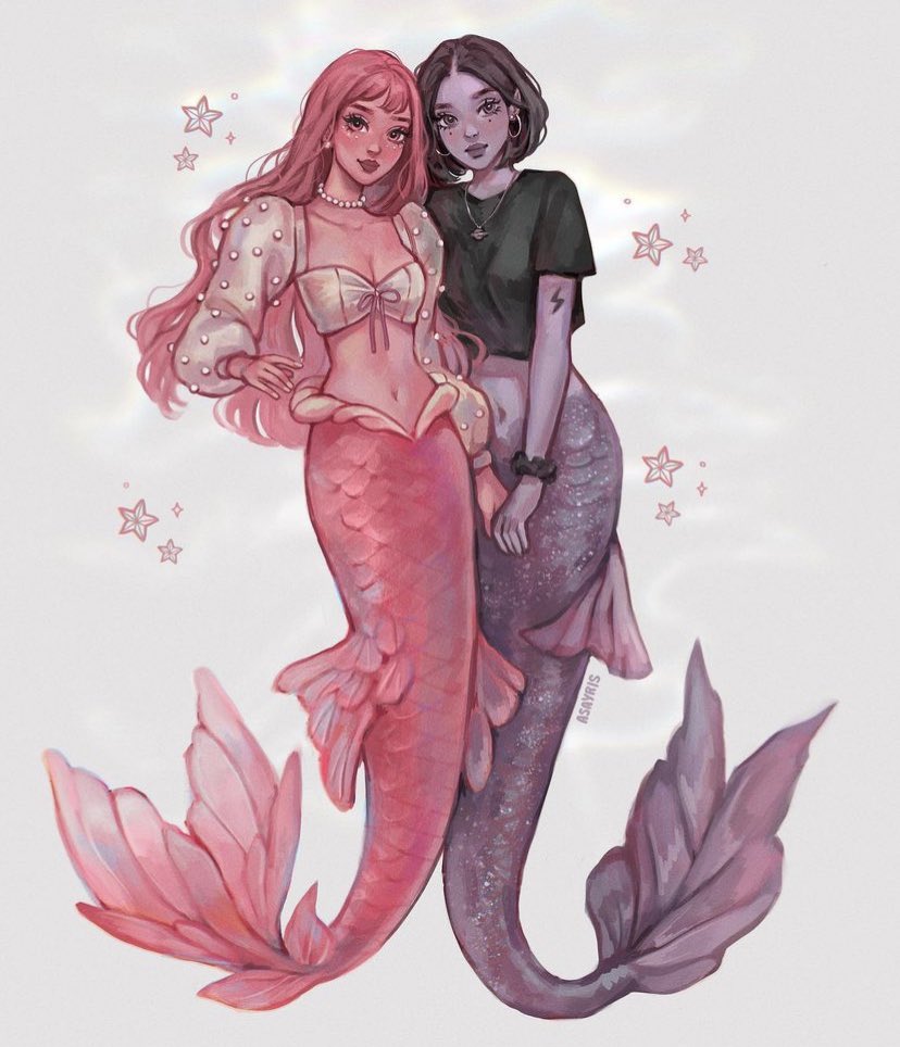 asayris art, marceline abadeer, princess bonnibel bubblegum, adventure time, 2girls, artist name, black hair, black shirt, breasts, cleavage, closed mouth, collarbone, crop top, earrings, fins, fish tail, full body, holding hands, hoop earrings, jewelry, lightning bolt symbol, long hair, long sleeves, medium breasts, mermaid, midriff, mole, mole under each eye, mole under eye, monster girl, multiple girls, multiple moles, navel, necklace, parted bangs, pearl necklace, pink hair, scrunchie, shirt, short hair, short sleeves, simple background, t-shirt, tail, white shirt, wrist scrunchie