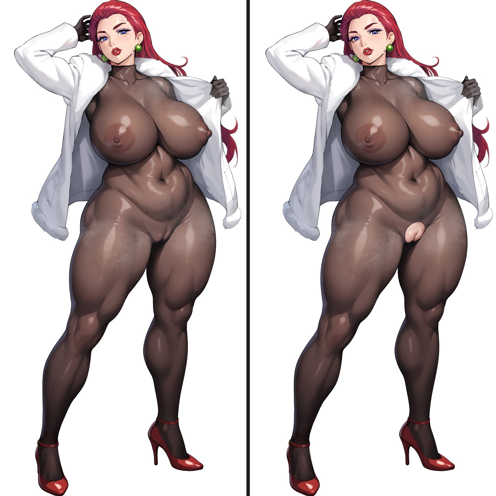 nanabe 78, jessie (pokemon), nintendo, pokemon, black bodystocking, highres, 1girl, arm up, black gloves, blue eyes, breasts, cameltoe, clothing cutout, covered erect nipples, covered navel, crotch cutout, earrings, full body, fur-trimmed jacket, fur trim, gloves, hair slicked back, high heels, huge breasts, impossible clothes, jacket, jewelry, long hair, looking at viewer, multiple views, plump, pussy, red eyes, standing, sweat, thick thighs, thighs, very long hair, white background, white jacket