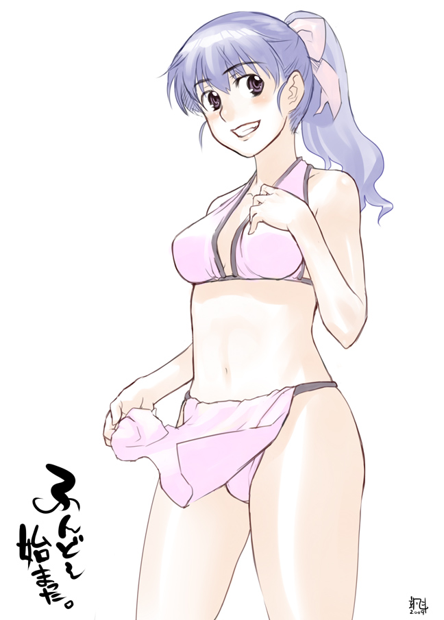 naoto satta, satta naoto, 1girl, bikini, blue hair, brown eyes, female focus, fundoshi, grin, hair ribbon, japanese clothes, ponytail, purple hair, ribbon, smile, solo, swimsuit