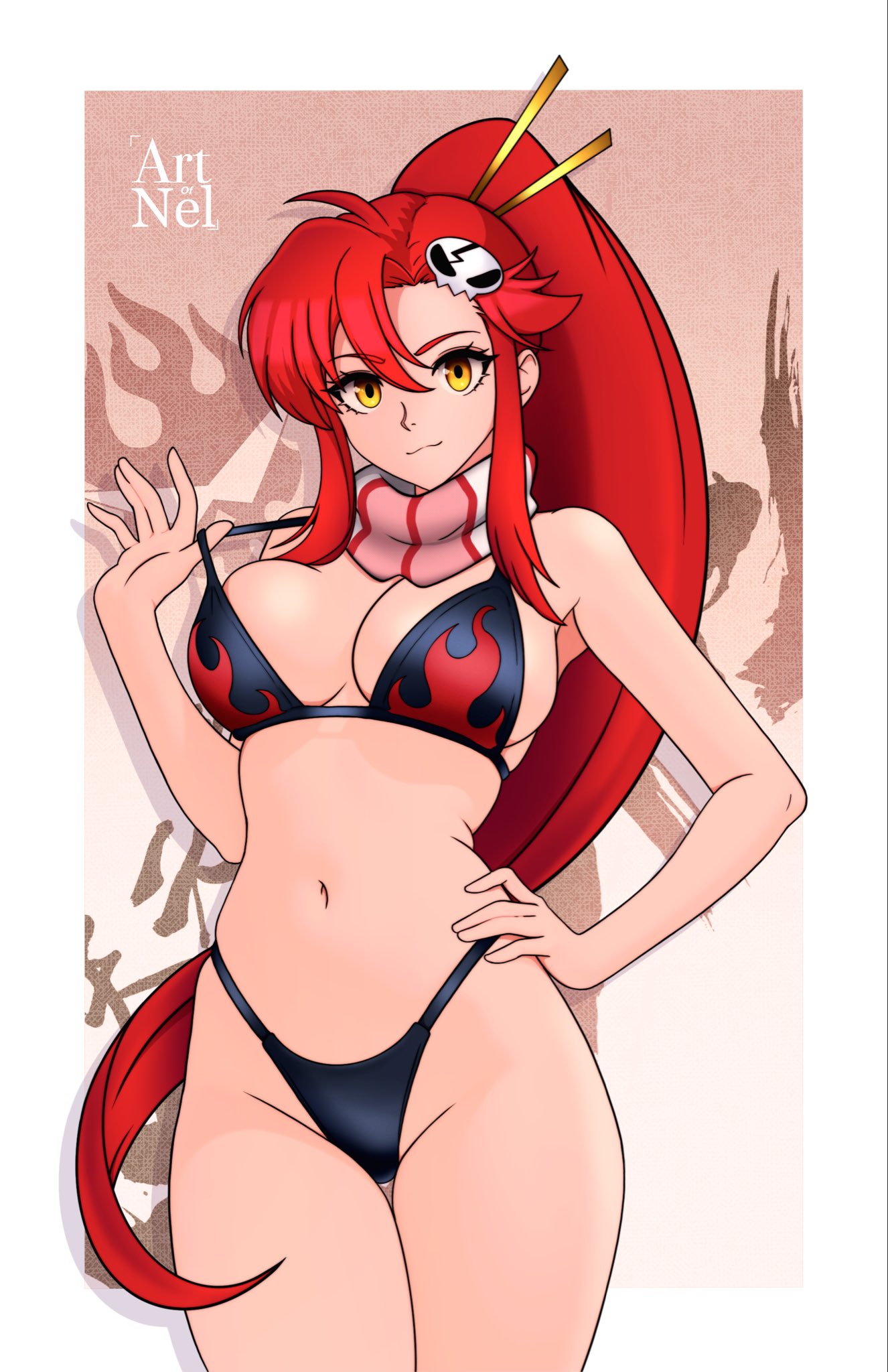 yoko littner, tengen toppa gurren lagann, highres, 1girl, artist logo, artist name, artofnel, bare shoulders, bikini, bikini pull, black bikini, breasts, cleavage, clothes pull, collarbone, flame print, hair between eyes, hair ornament, hair stick, large breasts, logo, long hair, looking at viewer, navel, ponytail, red hair, scarf, sidelocks, skull hair ornament, smile, solo, stomach, striped clothes, striped scarf, swimsuit, yellow eyes