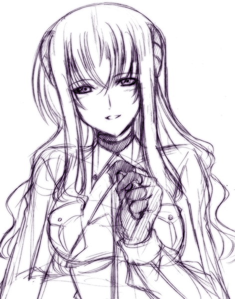 hagane soushi, numbers (nanoha), uno (nanoha), lyrical nanoha, mahou shoujo lyrical nanoha, mahou shoujo lyrical nanoha strikers, 00s, 1girl, female focus, gloves, long hair, monochrome, purple theme, sketch, solo