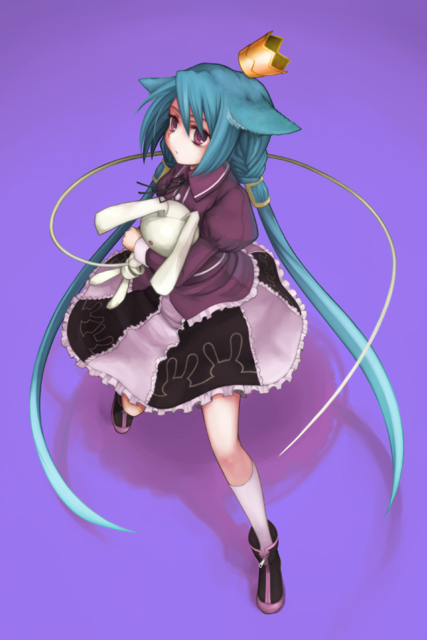 yakusa, momomeno (7th dragon), princess (7th dragon), 7th dragon, 7th dragon (series), 1girl, crown, dress, female focus, green hair, long hair, purple background, purple eyes, simple background, solo, stuffed animal, stuffed rabbit, stuffed toy, twintails