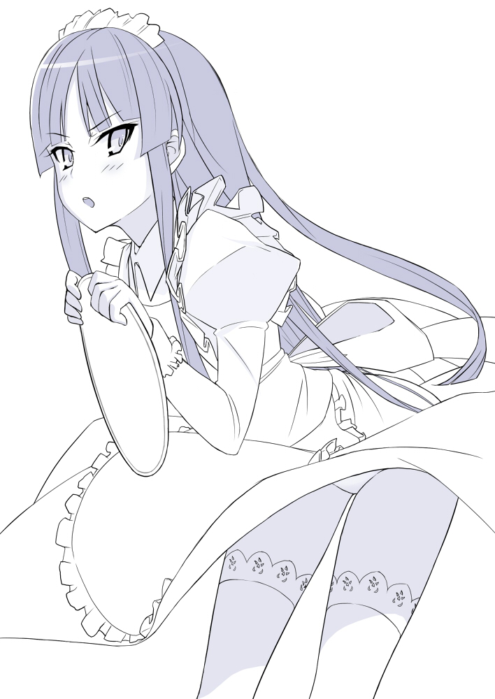 gin (ginshari), 1girl, female focus, hime cut, leaning forward, long hair, maid, maid headdress, monochrome, panties, pantyshot, solo, thighhighs, tray, tsundere, underwear, wind, wind lift