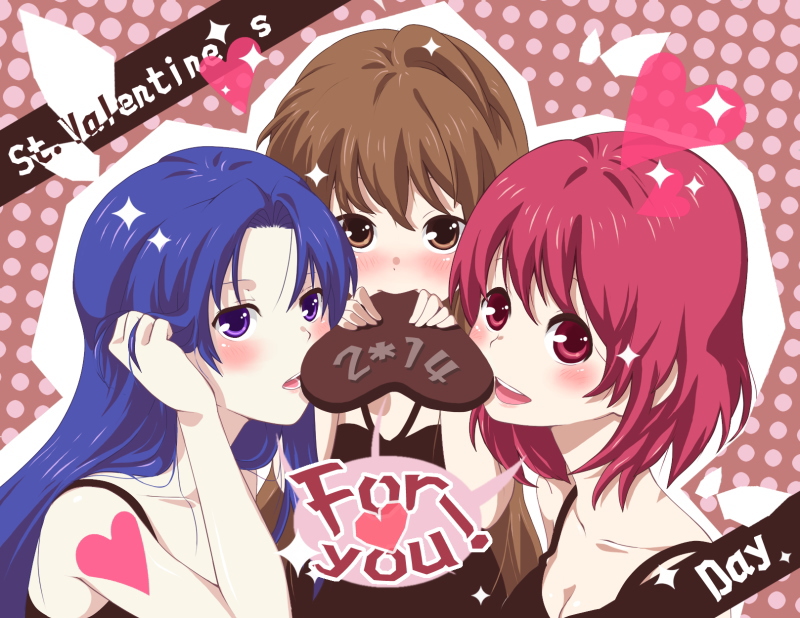 mitsuki meia, aisaka taiga, kawashima ami, kushieda minori, toradora!, 00s, adjusting hair, blue eyes, blue hair, blush, brown eyes, brown hair, chocolate, heart, pink eyes, pink hair, valentine