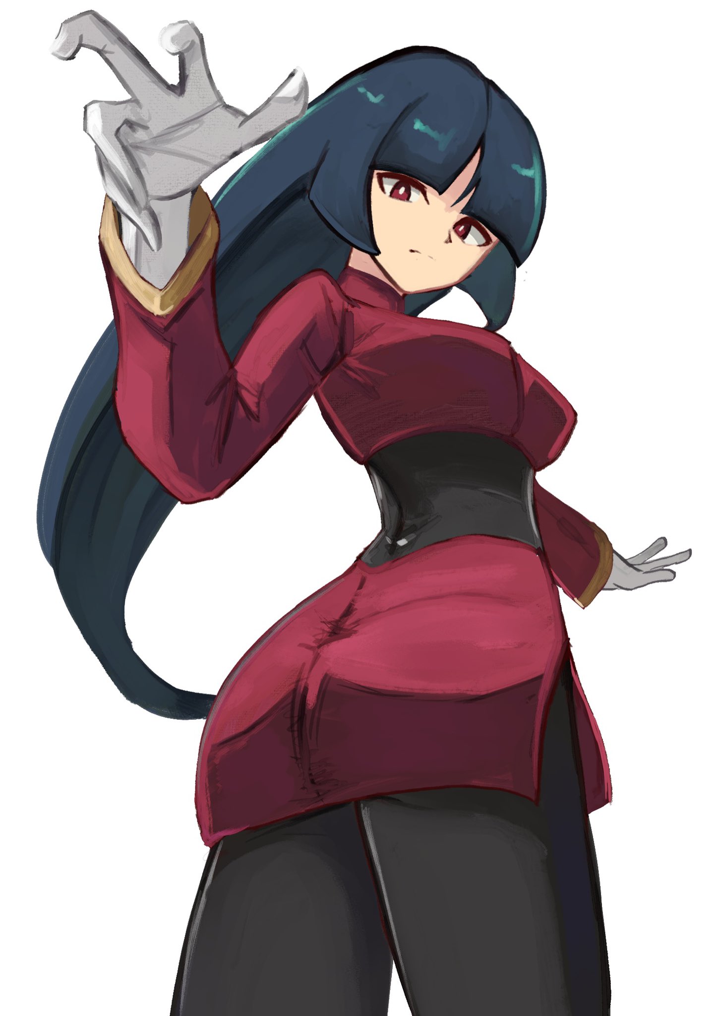 tikuwabu 33, sabrina (pokemon), nintendo, pokemon, pokemon frlg, highres, 1girl, ass, blue hair, blunt bangs, bodysuit, bodysuit under clothes, breasts, cropped jacket, from below, gloves, jacket, long hair, long sleeves, medium breasts, miniskirt, pencil skirt, red eyes, red jacket, red skirt, side slit, skirt, solo, straight hair, turtleneck, turtleneck jacket, white gloves