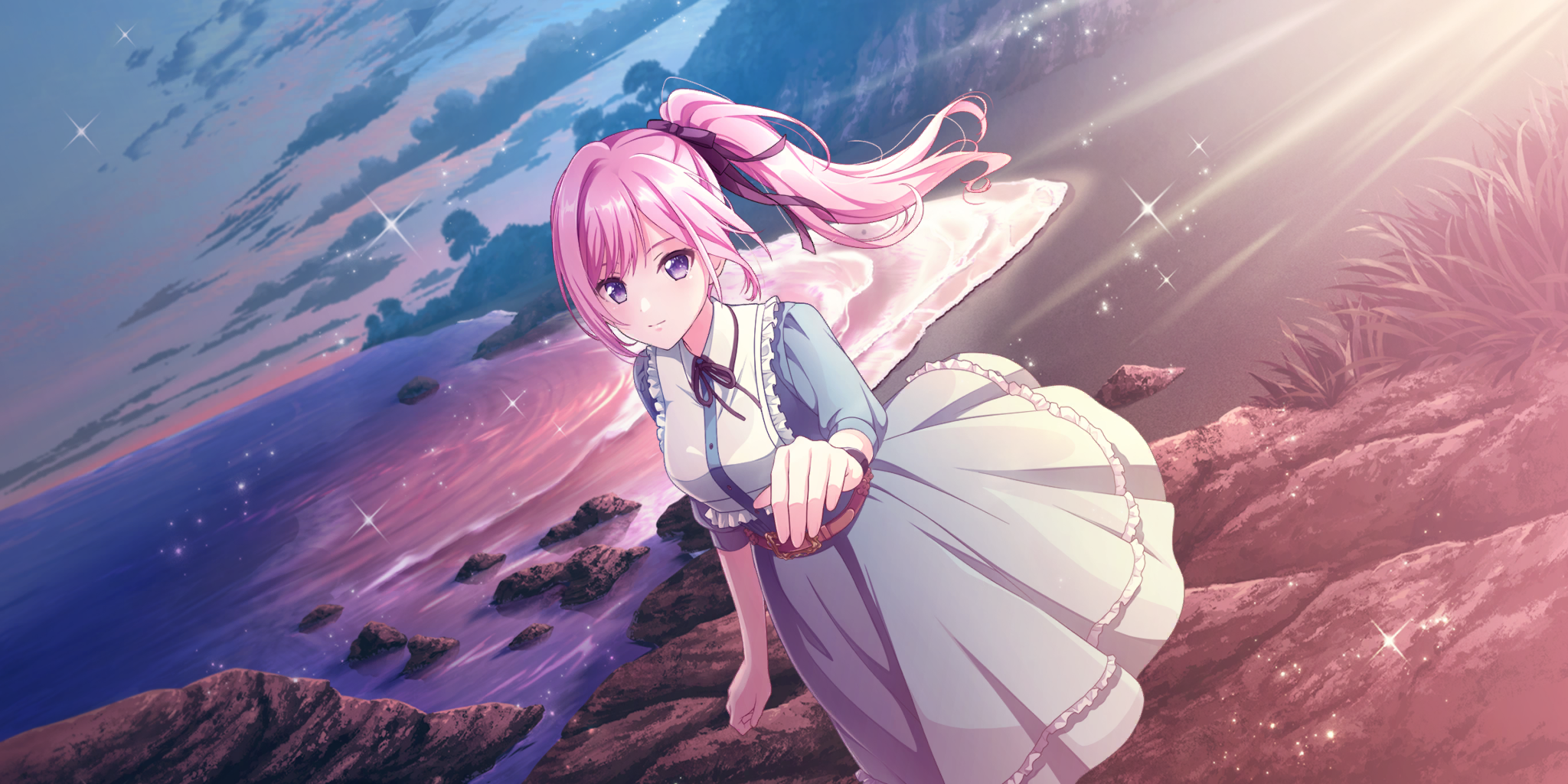alpha (lapis re:lights), lapis re:lights, game cg, highres, official art, third-party source, 1girl, beach, belt, blue dress, blue skirt, blue sky, bow, breasts, brown belt, closed mouth, cloud, dress, dutch angle, evening, hair bow, high ponytail, light rays, long hair, long skirt, looking at viewer, medium breasts, outdoors, outstretched arm, pink hair, ponytail, purple bow, purple eyes, reaching, reaching towards viewer, skirt, sky, smile, solo, sparkle