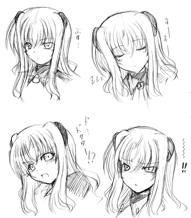 hagane soushi, numbers (nanoha), uno (nanoha), lyrical nanoha, mahou shoujo lyrical nanoha, mahou shoujo lyrical nanoha strikers, 00s, 1girl, :<, greyscale, long hair, monochrome, multiple expressions, sketch, sleeping, triangle mouth