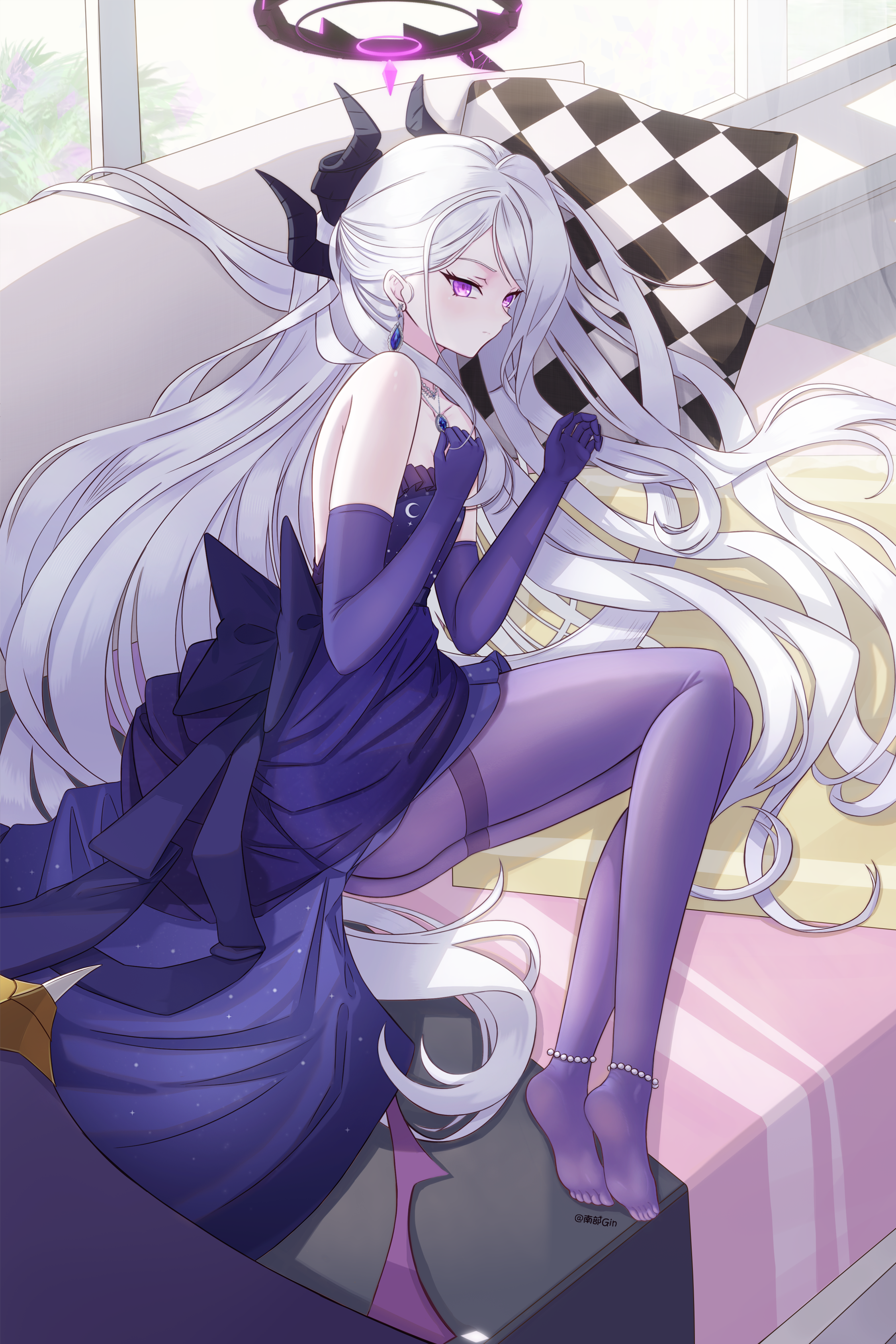 nanbugin, hina (blue archive), hina (dress) (blue archive), blue archive, absurdres, commentary request, highres, 1girl, bare shoulders, black halo, black horns, closed mouth, couch, demon wings, dress, earrings, elbow gloves, full body, gloves, halo, horns, indoors, jewelry, long hair, lying, multiple horns, no shoes, official alternate costume, on couch, on side, pantyhose, pillow, purple dress, purple eyes, purple gloves, purple pantyhose, solo, strapless, strapless dress, very long hair, white hair, wings