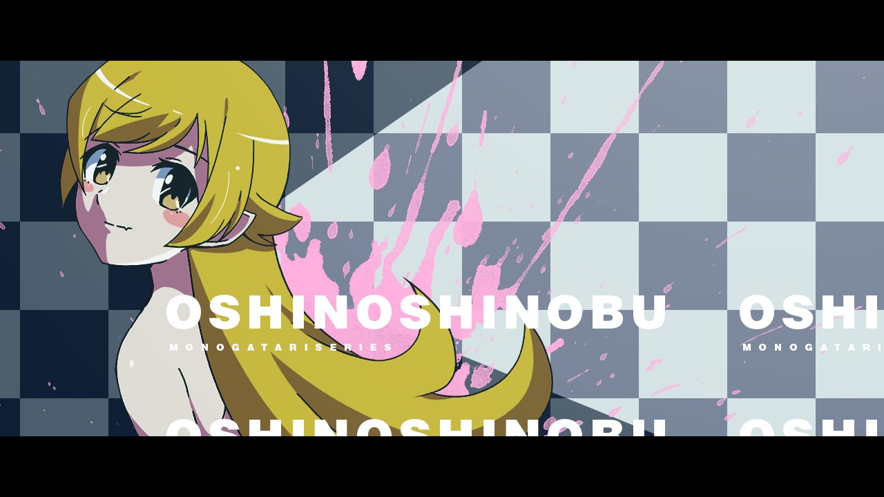 sonikkusupin, oshino shinobu, monogatari (series), 1girl, arms at sides, black border, blonde hair, blood, blood splatter, blush stickers, border, character name, checkered wall, closed mouth, copyright name, expressionless, flipped hair, from side, hair flaps, letterboxed, looking at viewer, nude, pink blood, pointy ears, shade, sidelocks, solo, splatter, swept bangs, upper body, yellow eyes