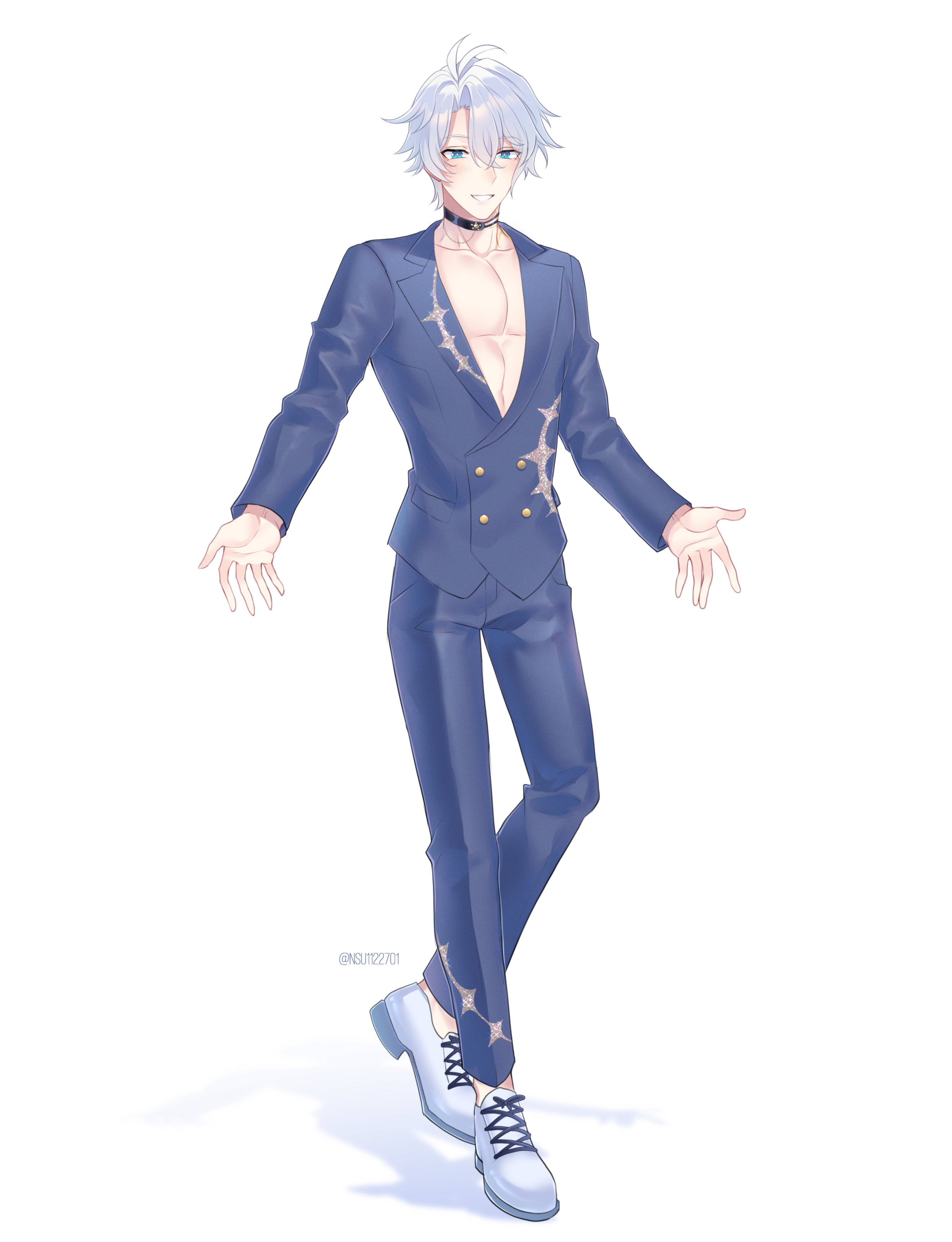 phainon (honkai: star rail), honkai: star rail, honkai (series), absurdres, commentary, highres, symbol-only commentary, 1boy, ahoge, alternate costume, black choker, blue eyes, blue pants, blue shirt, choker, large pectorals, looking at viewer, male focus, nsu1122701, open clothes, open shirt, pants, pectorals, shirt, shoes, short hair, simple background, solo, white background, white hair, white shoes