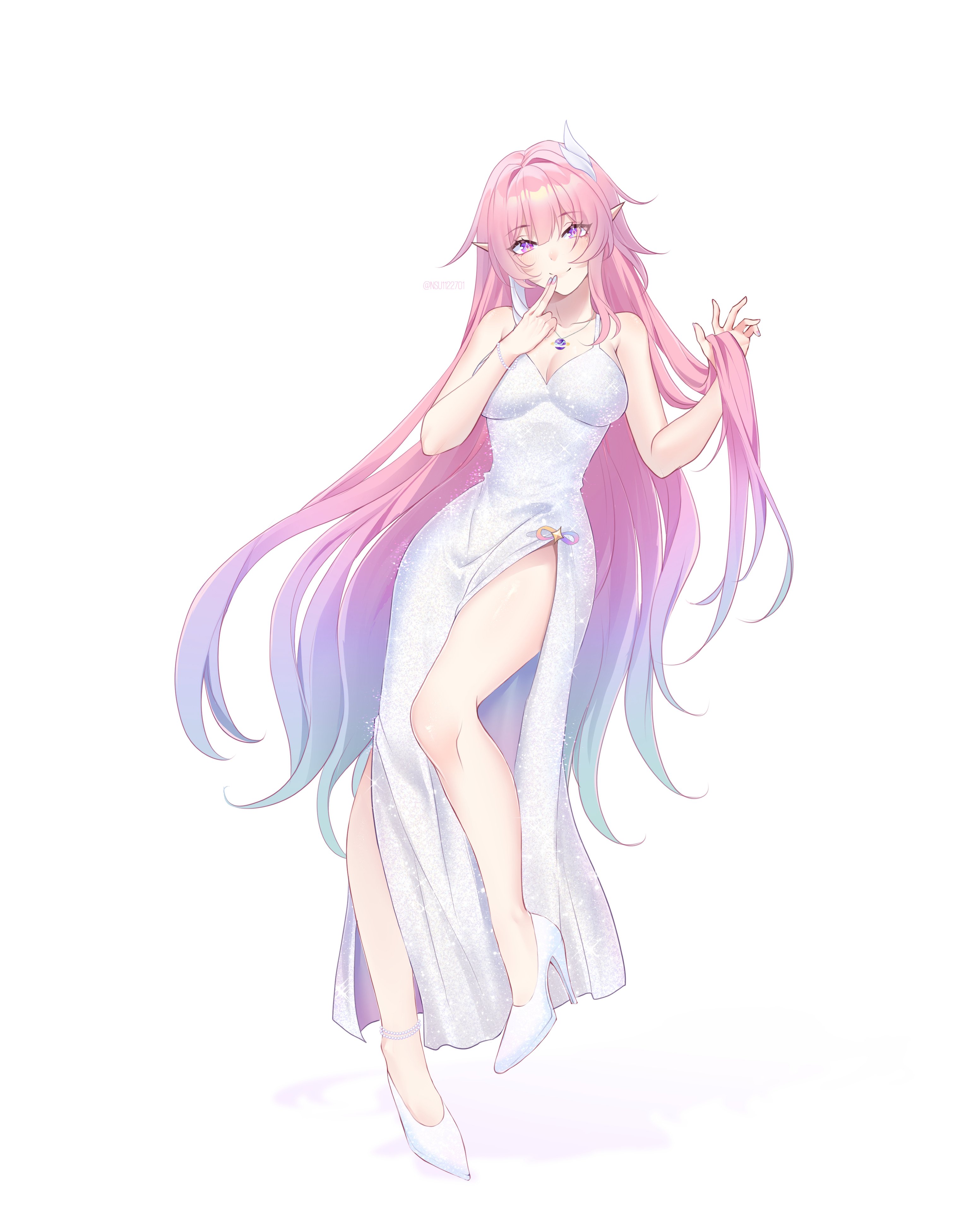 cyrene (honkai: star rail), cyrene (ripples of past reverie) (honkai: star rail), honkai: star rail, honkai (series), absurdres, commentary, highres, symbol-only commentary, 1girl, alternate costume, bare shoulders, blue hair, breasts, cleavage, diamond-shaped pupils, diamond (shape), dress, gradient hair, hair ornament, high heels, jewelry, large breasts, long hair, looking at viewer, multicolored hair, necklace, nsu1122701, pink hair, pointy ears, purple eyes, simple background, smile, solo, symbol-shaped pupils, very long hair, white background, white dress, white hair