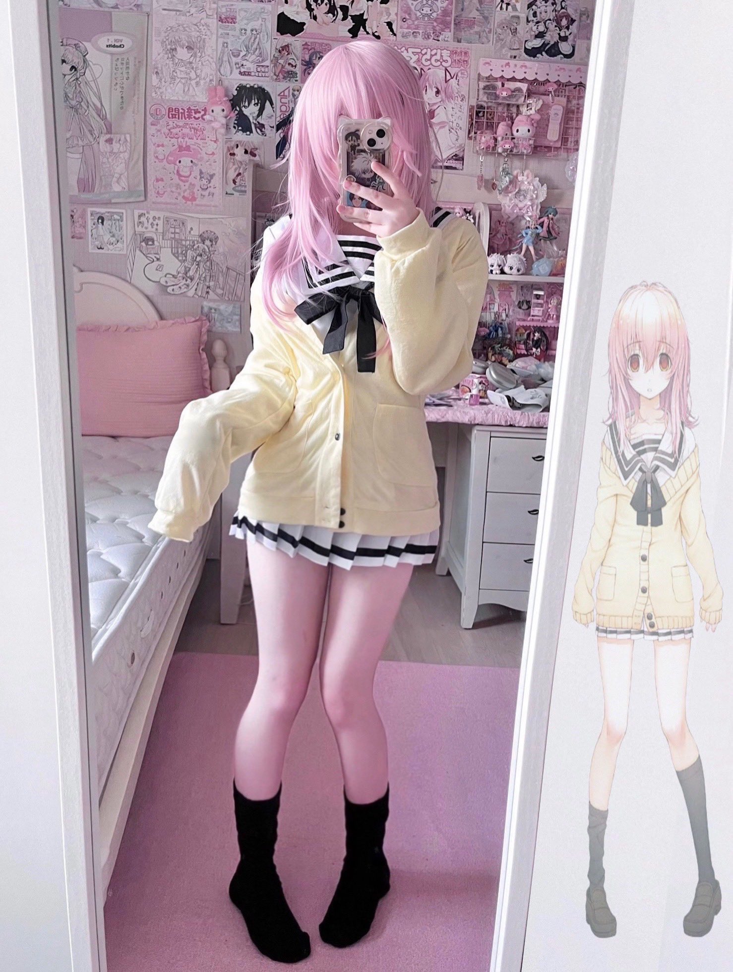 mukou aoi, mukou aoi (totono), kimi to kanojo to kanojo no koi., real life, highres, 1girl, bed, bedroom, black neckerchief, black shoes, black socks, blush, breasts, cellphone, collarbone, cosplay, dot nose, female focus, flat chest, full body, holding, holding phone, indoors, legs, long hair, long sleeves, looking at viewer, neckerchief, open mouth, orange eyes, phone, pillow, pink hair, sailor collar, school uniform, serafuku, sexually suggestive, shoes, sleeves past fingers, sleeves past wrists, small breasts, smartphone, socks, solo, solo focus, thighs, white sailor collar, white serafuku