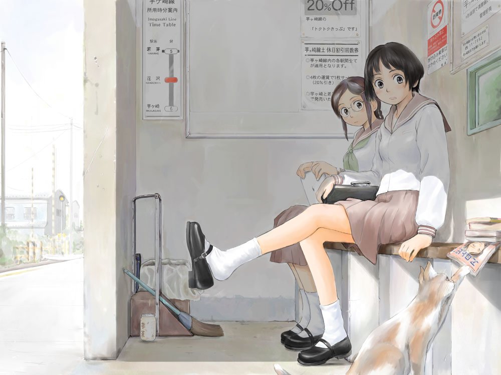 imo cyber, imo nakaba, original, 2girls, bus stop, cat, glasses, magazine (object), multiple girls, school uniform, serafuku, shoe dangle