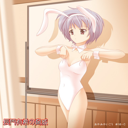 chauke, nagato yuki, suzumiya haruhi no yuuutsu, silver hair, 00s, 1girl, animal ears, bare legs, brown eyes, covered navel, detached collar, fake animal ears, female focus, playboy bunny, rabbit ears, short hair, solo, whiteboard, wrist cuffs