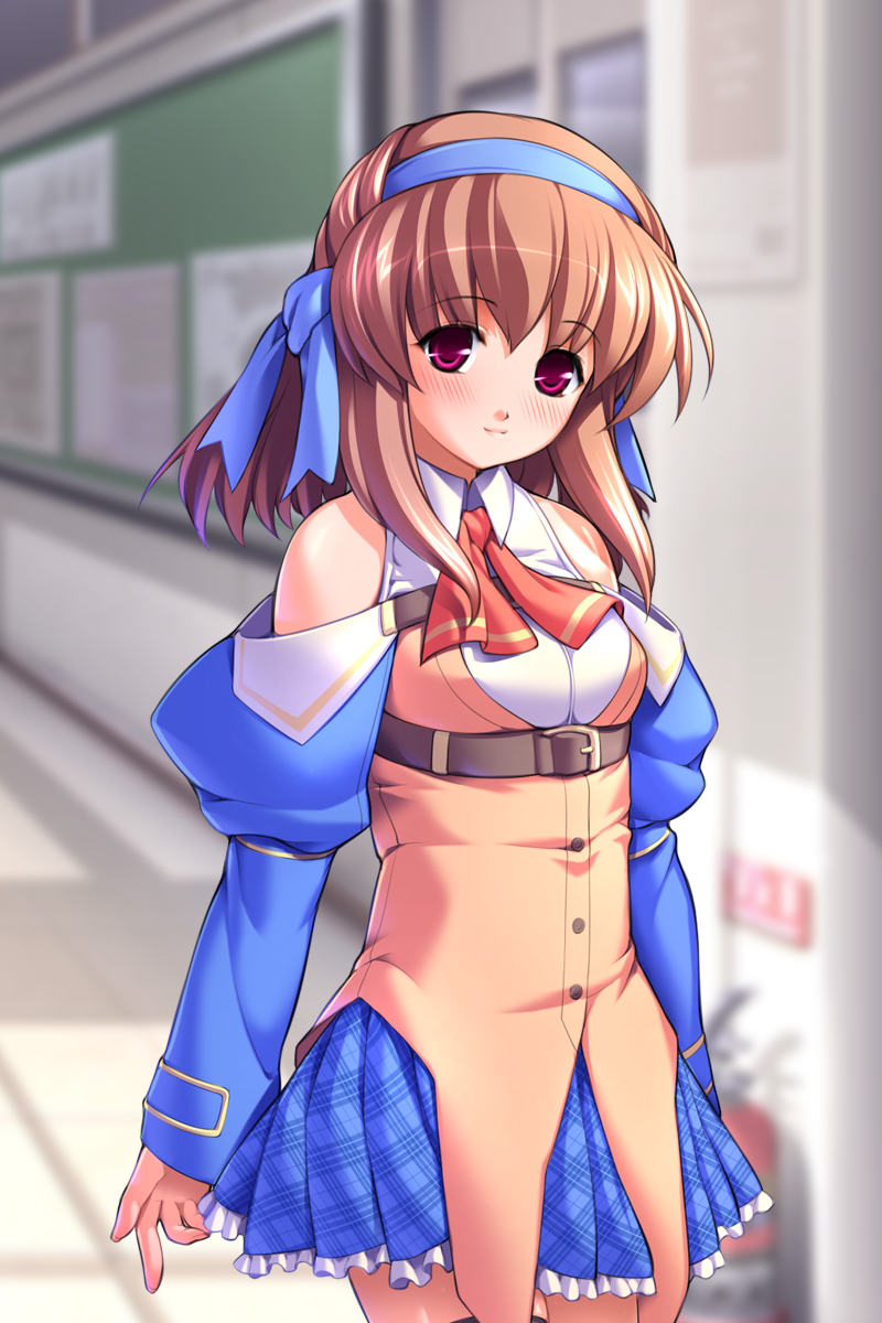 gunner-l, tomose nonomi, oppai baka, game cg, highres, non-web source, 1girl, belt, black thighhighs, blush, brown hair, detached sleeves, female focus, flat chest, frills, hair ribbon, hairband, pink eyes, plaid clothes, plaid skirt, pleated skirt, ribbon, school uniform, short hair, skirt, smile, solo, thighhighs, zettai ryouiki