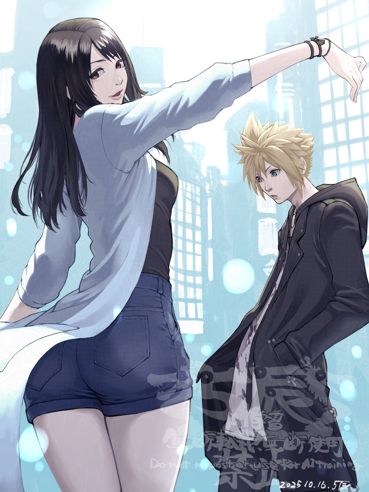 5tatsu, cloud strife, rinoa heartilly, dissidia final fantasy, final fantasy, final fantasy vii, final fantasy viii, highres, 1boy, 1girl, black coat, black necktie, black pants, black ribbon, black skirt, blue eyes, blue jacket, blue shorts, bracelet, breasts, brown hair, city, coat, cowboy shot, dated, denim, denim shorts, dissidia duellum final fantasy, hair between eyes, hood, hood down, hooded coat, jacket, jewelry, long coat, long hair, looking at viewer, medium breasts, necktie, official alternate costume, outstretched arm, pants, parted lips, print shirt, ribbon, shirt, short hair, shorts, skirt, spiked hair, twitter username, white shirt, wrist ribbon