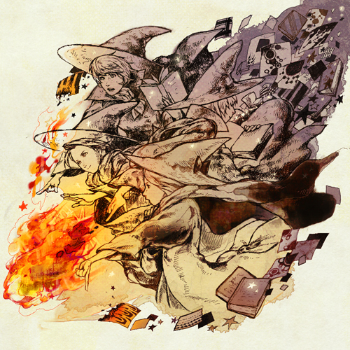 hitasura, arc (ff3), black mage (final fantasy), ingus, luneth, refia, final fantasy, final fantasy iii, bad id, bad pixiv id, lowres, 1990s (style), 1girl, 3boys, book, fire, flying paper, hat, magic, monochrome, multiple boys, paper, retro artstyle, robe, spell, spot color, star (symbol), witch hat
