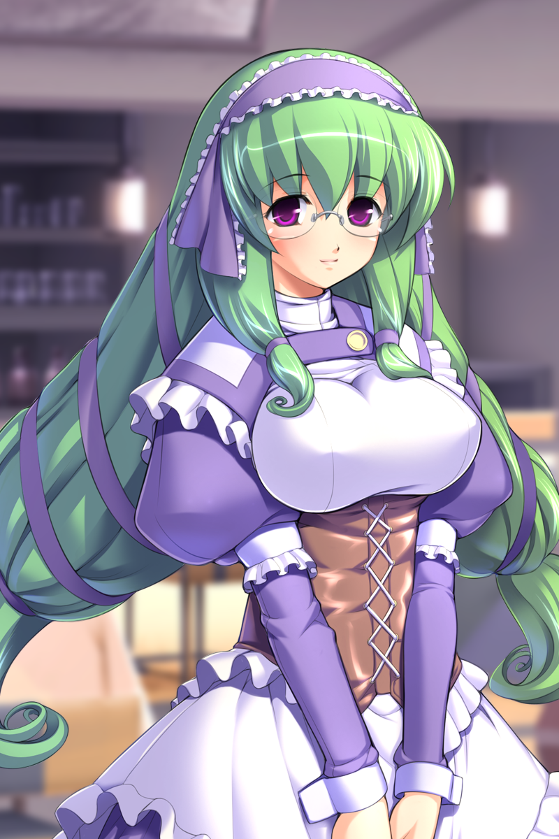 gunner-l, aizawa nagisa, oppai baka, game cg, highres, non-web source, 1girl, blush, breasts, corset, dress, female focus, frills, glasses, green eyes, green hair, hair ribbon, hairband, large breasts, long hair, maid, matching hair/eyes, purple eyes, ribbon, smile, solo, turtleneck, twintails, very long hair, wrist cuffs