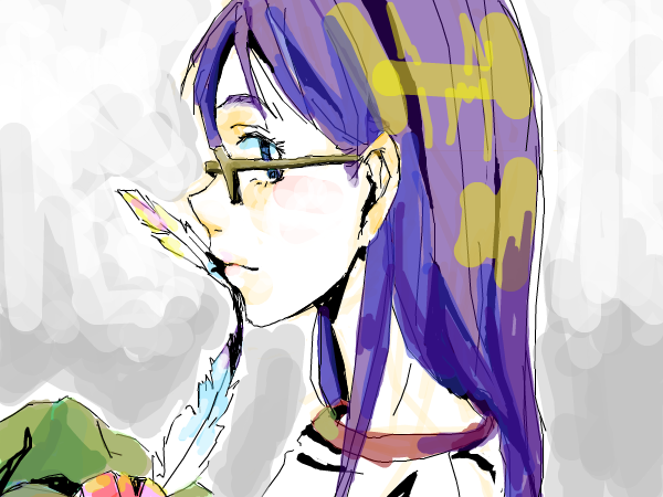 kansai local, ninamori eri, flcl, bad id, bad pixiv id, 00s, blue eyes, feathers, glasses, gym uniform, long hair, looking back, profile, purple hair