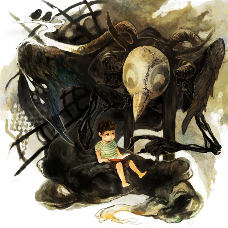hitasura, original, pixiv, pixiv shadow, bad id, bad pixiv id, bird, book, child, horns, mask, monster, wings