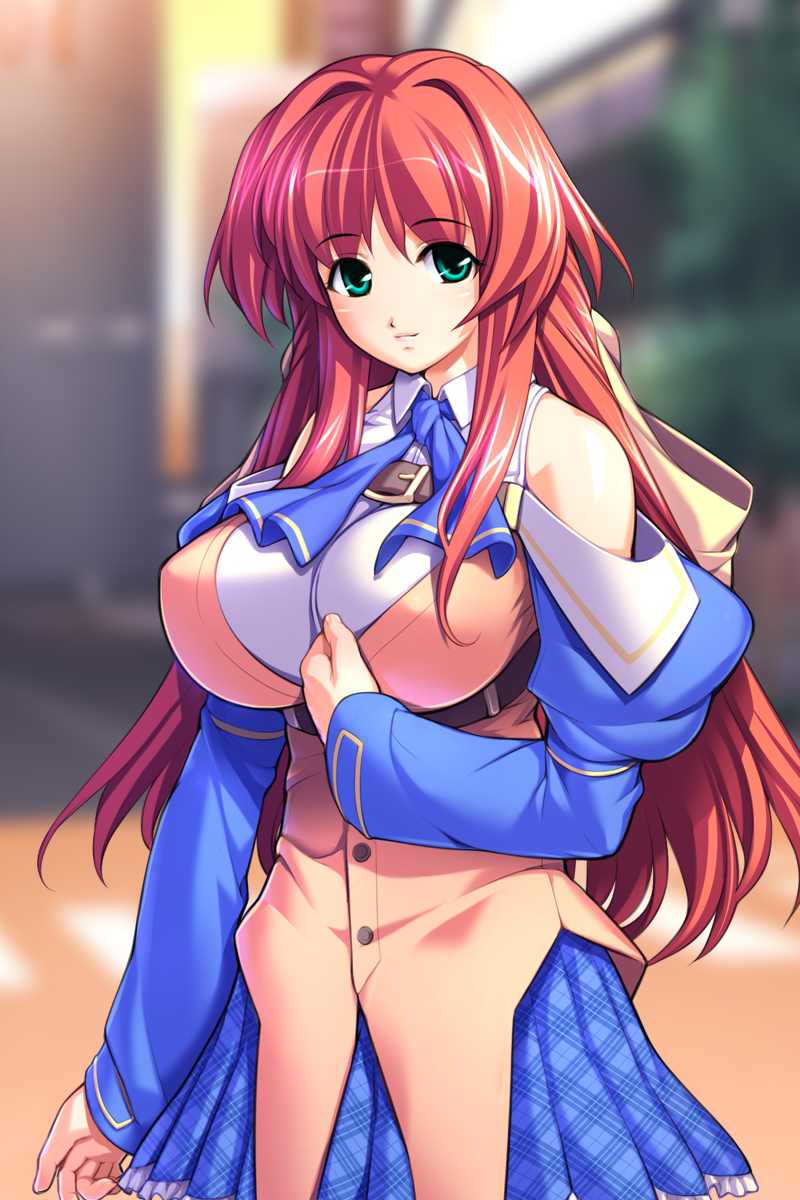 gunner-l, harukaze yumari, ole, oppai baka, game cg, highres, non-web source, 1girl, aqua eyes, ascot, belt, breasts, female focus, hair ribbon, huge breasts, large breasts, long hair, outdoors, plaid clothes, plaid skirt, red hair, ribbon, school uniform, skirt, smile, solo