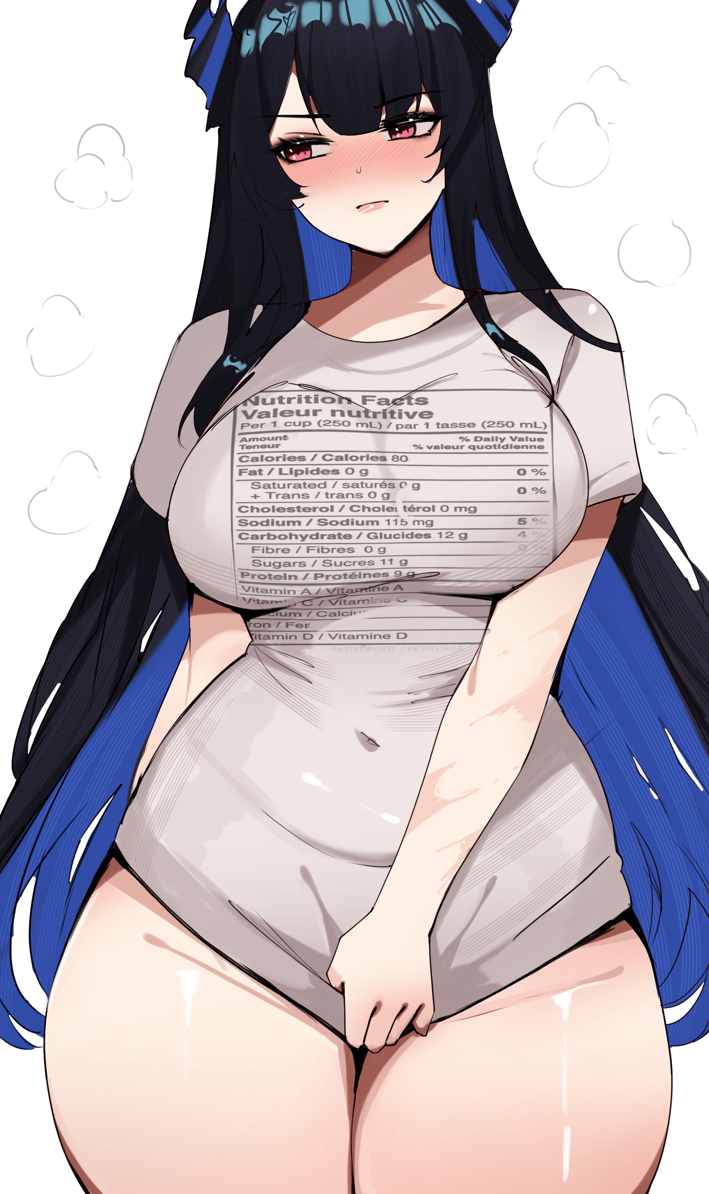 meeko illus, nerissa ravencroft, hololive, hololive english, absurdres, highres, 1girl, averting eyes, black hair, blue hair, blush, breasts, covered navel, curvy, demon horns, english text, grey shirt, horns, large breasts, long hair, naked shirt, nutrition facts, print shirt, red eyes, shirt, shirt tug, simple background, solo, spanish text, thighs, very long hair, virtual youtuber, white background, wide hips