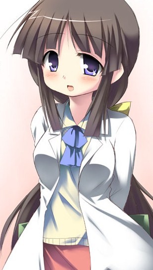 amahara fuyuki, lucky star, non-web source, 00s, blue eyes, brown hair, lab coat, long hair, solo, teacher