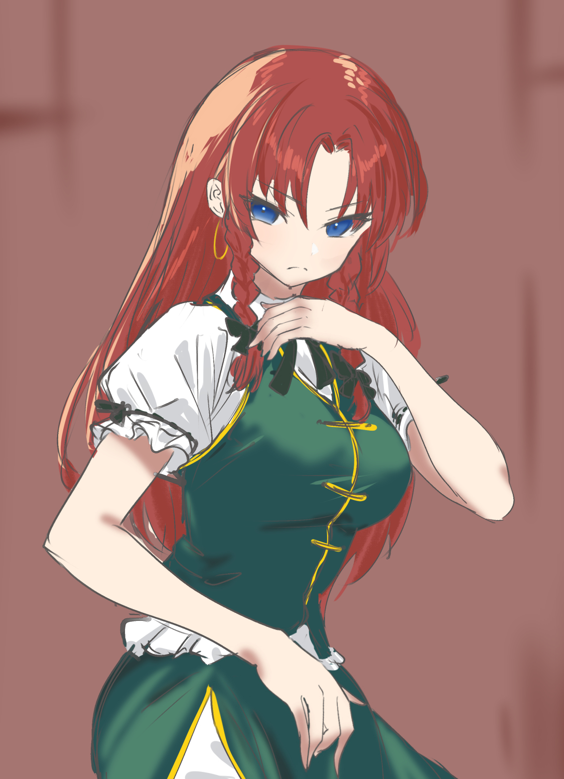 soara shimomo, hong meiling, touhou, commentary request, highres, 1girl, bare arms, black bow, blue eyes, bow, braid, braided sidelock, breasts, brown hair, chinese clothes, curtained hair, earrings, fighting stance, frilled shirt, frilled sleeves, frills, frown, green vest, hair bow, hoop earrings, jewelry, long hair, looking at viewer, medium breasts, puffy short sleeves, puffy sleeves, shirt, short sleeves, solo, straight hair, twin braids, v-shaped eyebrows, very long hair, vest, white shirt
