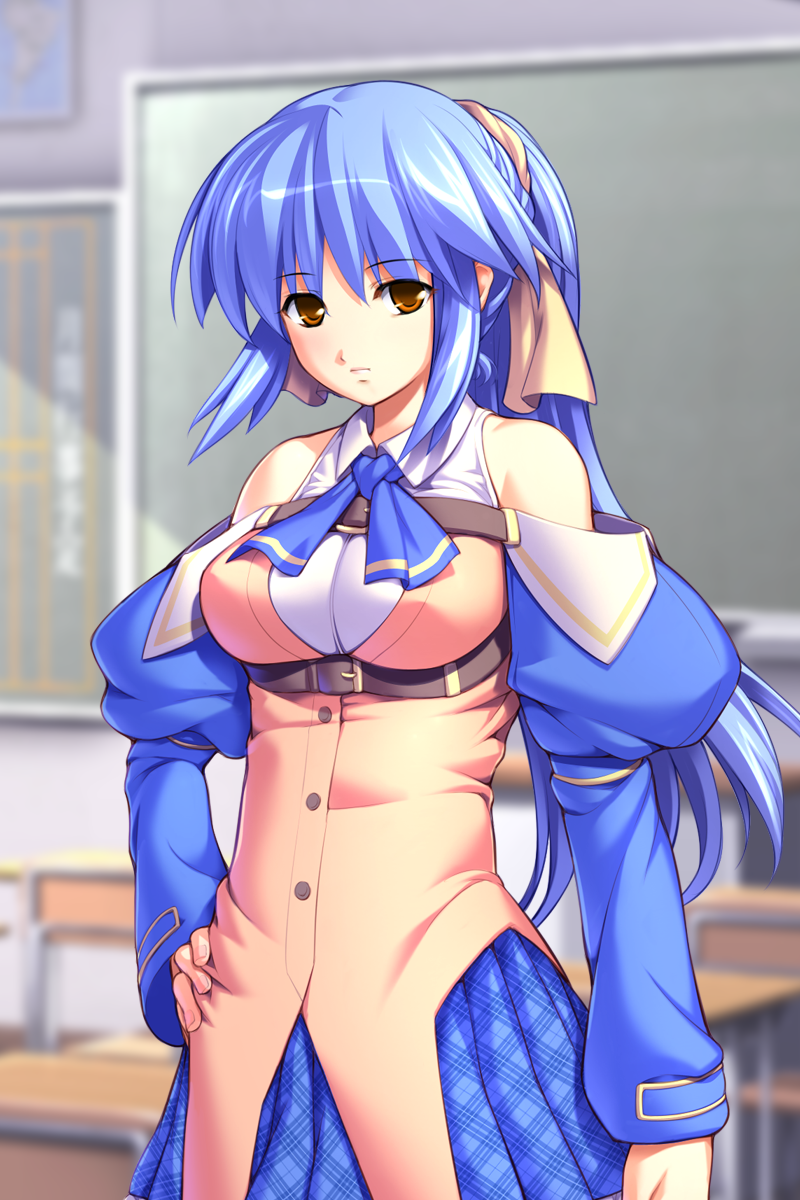 gunner-l, kinomoto asuka, oppai baka, game cg, highres, 1girl, blue hair, brown eyes, female focus, long hair, ponytail, school uniform, solo